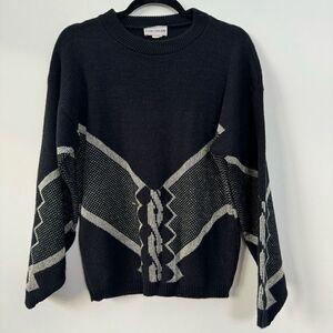 Vintage European Connection Women's Long Sleeve Geometric Knitted Black Sweater